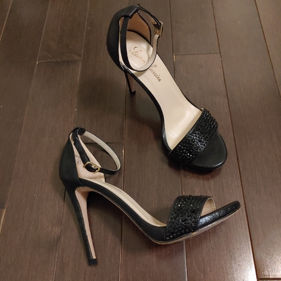 LAUREN LORRAINE Shimmery Black Arielle Ankle Strap Heels Size 8 - Picture 1 of 6